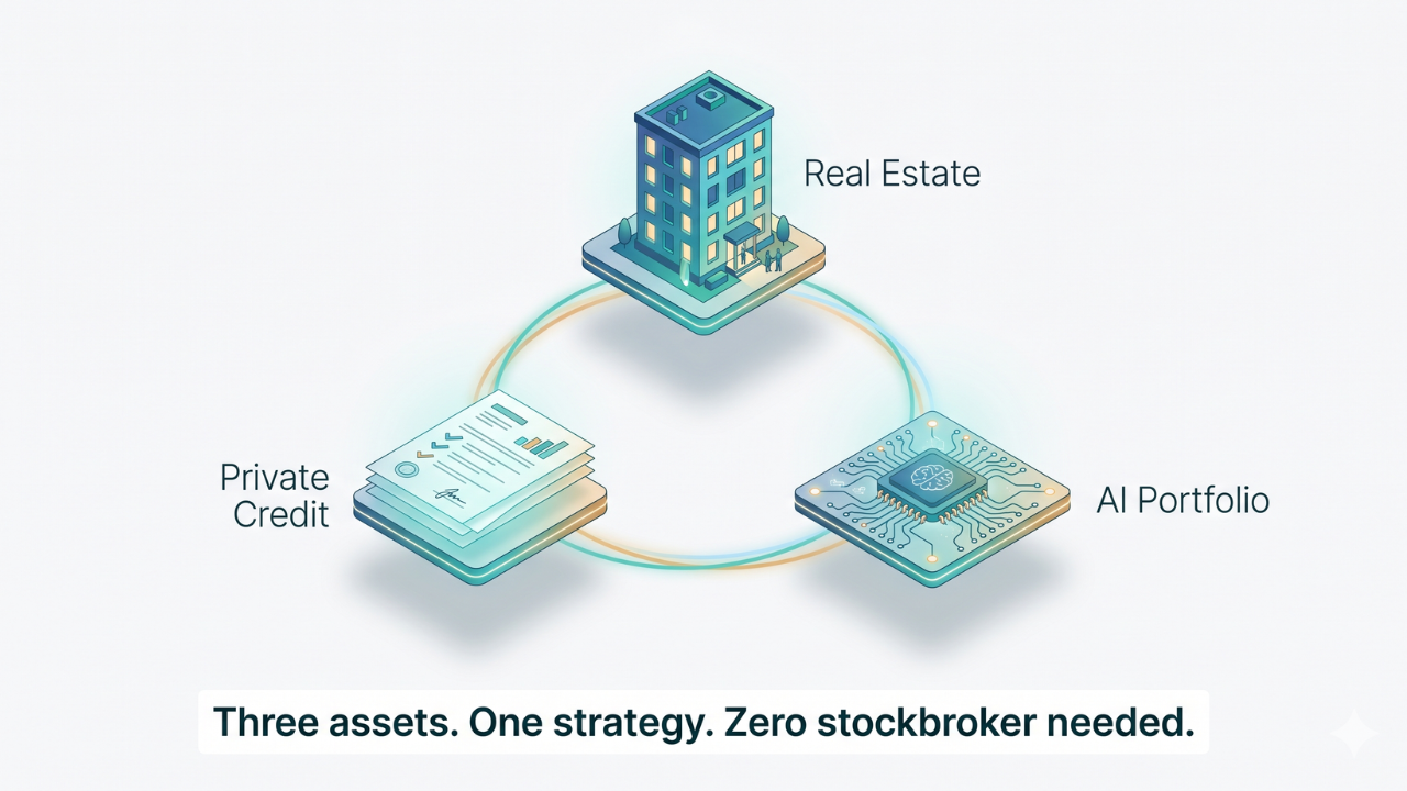 Three alternative investment pillars — real estate, private credit, AI portfolio management