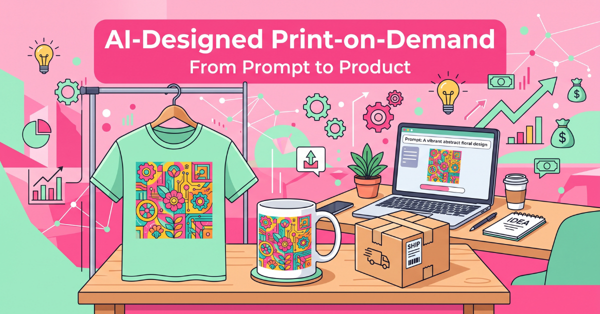 AI-designed print-on-demand products, t-shirts and mugs