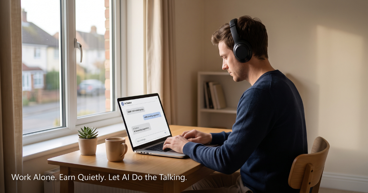 Person working quietly alone with AI tools