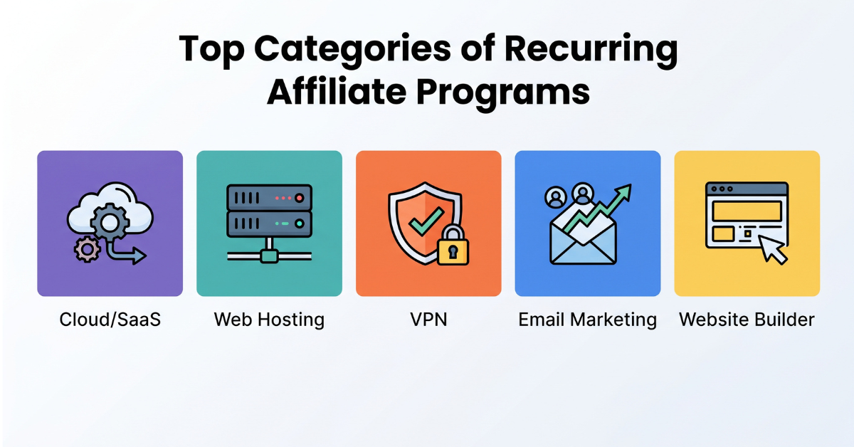 Categories of recurring affiliate programs: SaaS, hosting, VPN, email marketing, website builders
