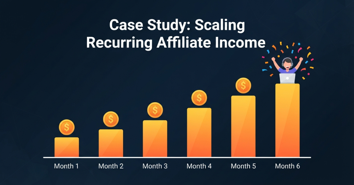 Case study chart showing recurring affiliate income growth over 18 months