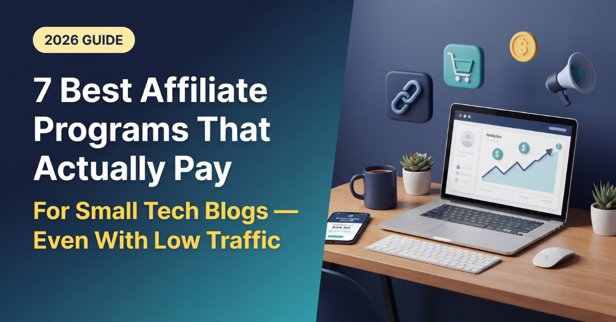 Laptop showing rising affiliate earnings with text "7 Best Affiliate Programs That Actually Pay" for small tech blogs